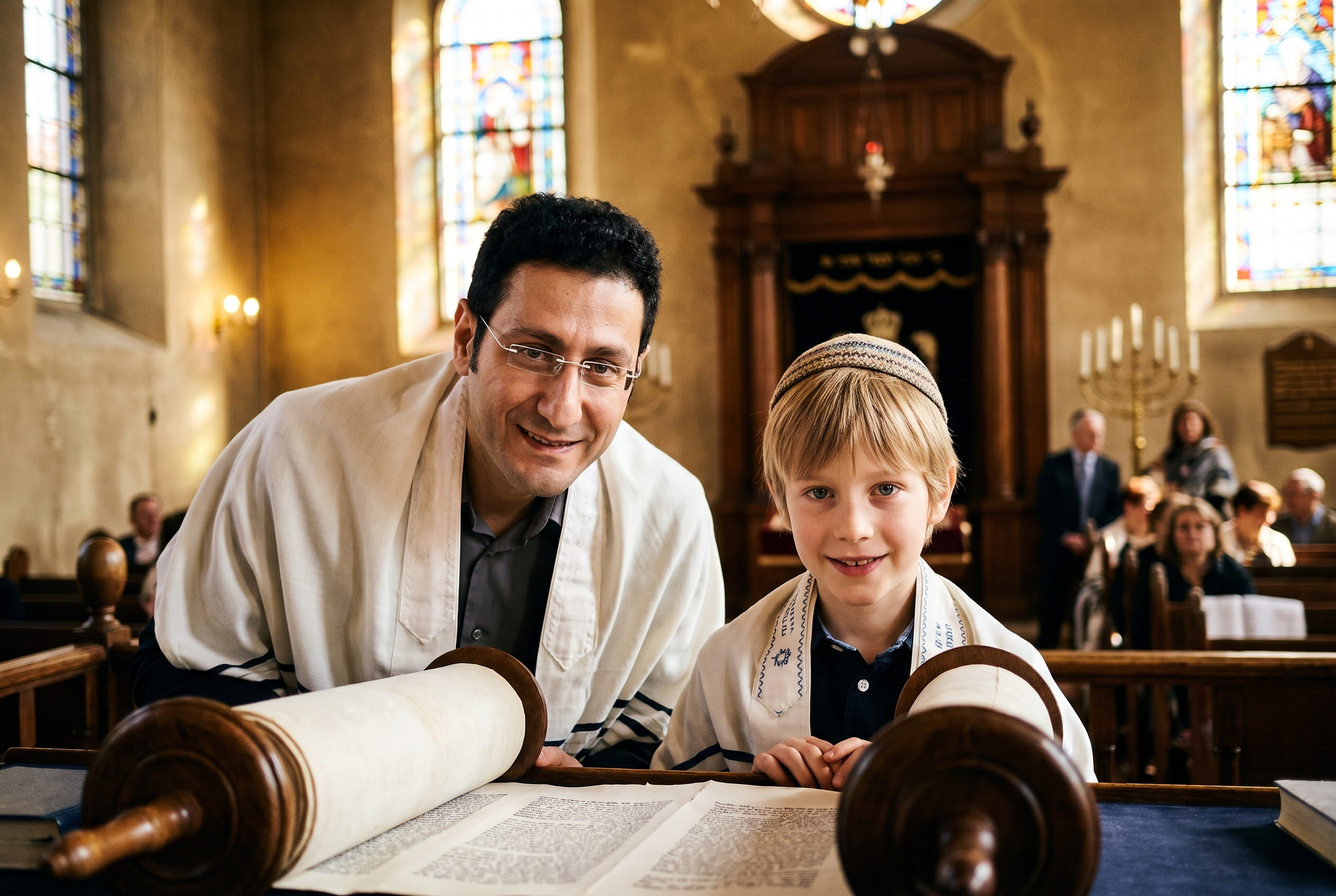 Avidan with a child at the Torah in synagogue